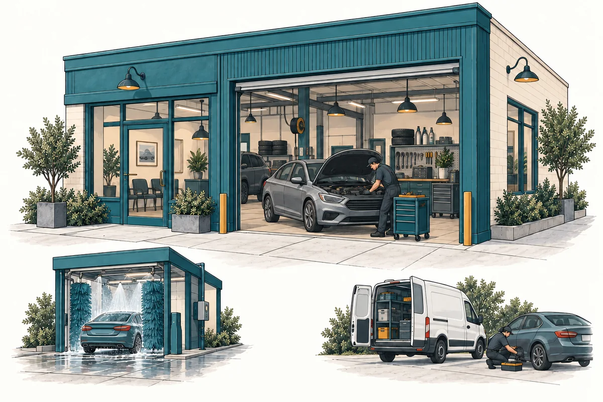 Three separate scenes show a mechanic in a repair shop, a car wash and a mobile mechanic working from a service van.