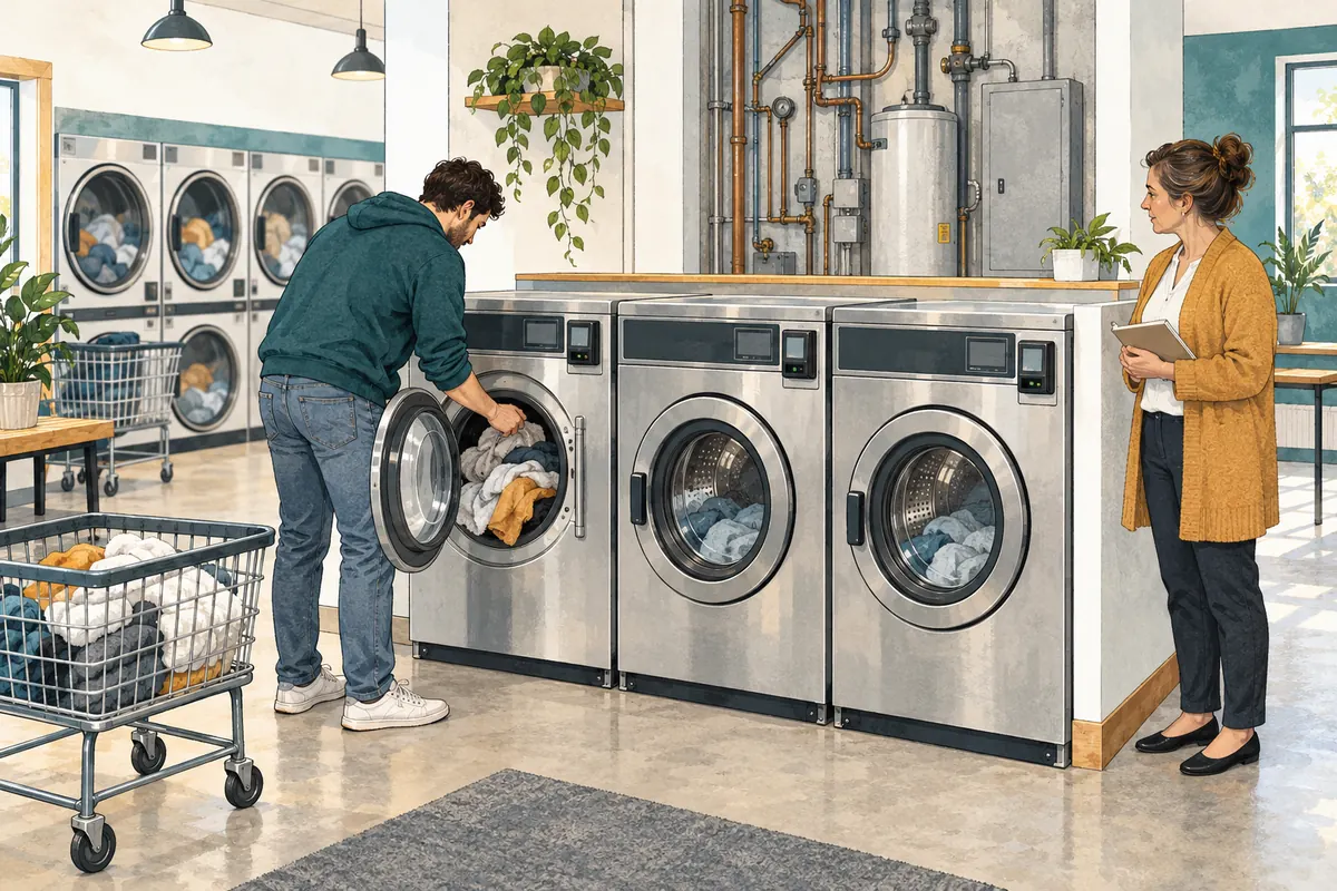 A customer loads a front-opening washer while an operator with a notebook observes the self-service laundry; dryers are visible in a separate background row.