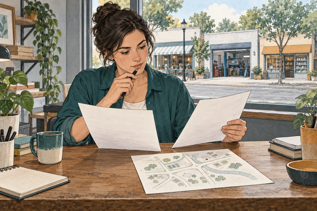 An operator compares two separate papers and a conceptual local map at a desk, with separate small businesses visible outside.